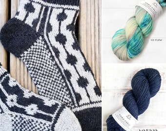 Dotted Line Sock Kit - Ice Flow/ Mariana - Yarn and Printed Pattern in English/Norwegian - Hand Dyed Yarn  - Yarn Kit
