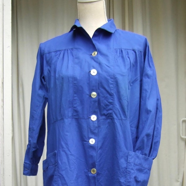 Vintage 50's blue cotton French work wear chore wear long jacket / coat