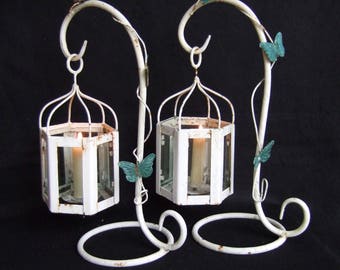 Pair of vintage French forged iron table lanterns with butterflies ,candle lamps