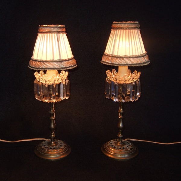 PAIR ANTIQUE  FRENCH gilt bronze with crystal drops girandole  table lamps, lights circa 1900s