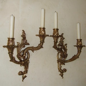 Par de candelabros de pared de dos brazos, estilo Luis XV, de bronce, muy grandes, originales, de estilo francés, circa 1900