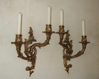Chateau Pair Very Large French all original bronze Louis xv 2 branch wall candle sconces, lights circa 19th century