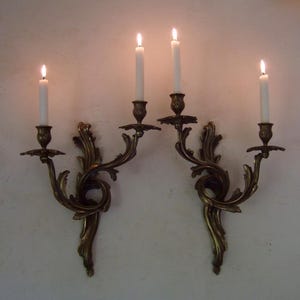 LARGE PAIR ANTIQUE Chateau French bronze Louis xv candle sconces, 2 branch ,lights 18th/19th century