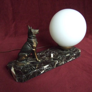 Antique ART DECO French table lamp with sitting dog on marble base