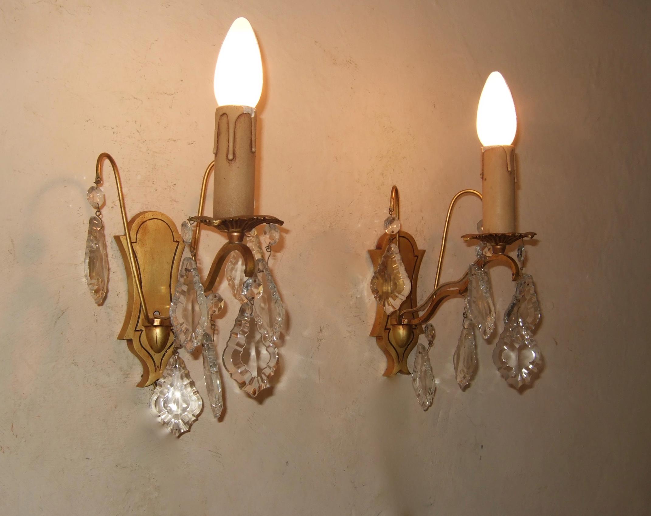 PAIR Antique French gilt bronze wall sconces ,lights with crystal drops