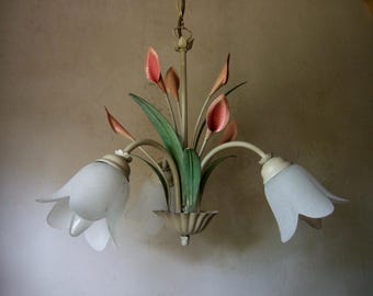 Antiker Vintage französischer Tole Ware Kronleuchter mit Arum Lilien und Blättern 3 Zweig