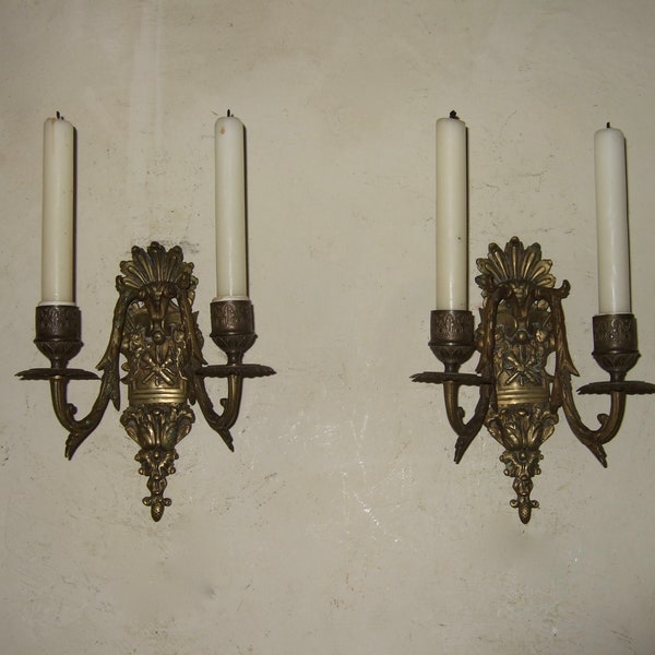 Pair antique French gilt bronze Torchere 2 branch candle sconces, lights 19th century