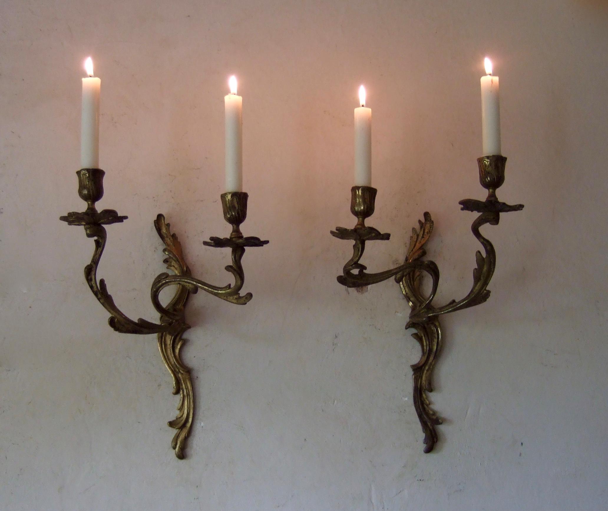Pair Large French gilt bronze antique vintage Louis xv candle sconces, lights