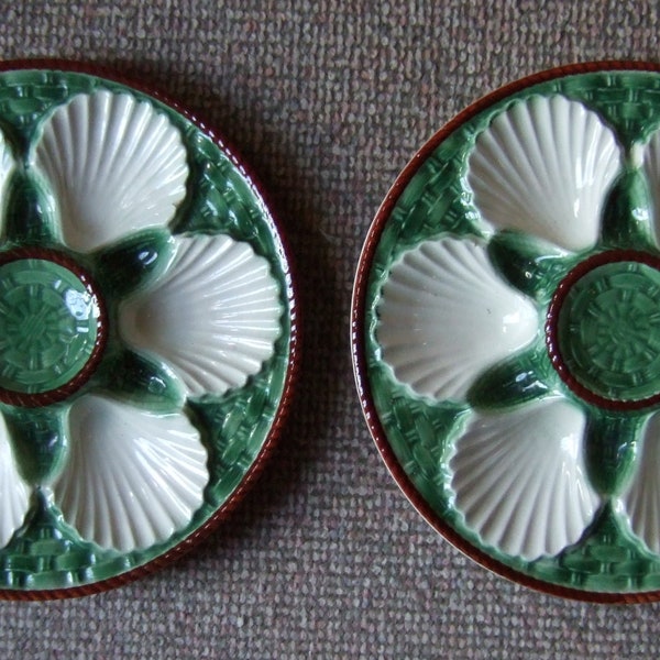 ANTIQUE FRENCH MAJOLICA Oyster Plates by Longchamp. set of two (near mint)