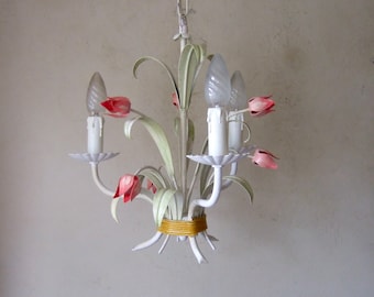 Delightful antique vintage French  painted tole ware three branch chandelier with spring roses