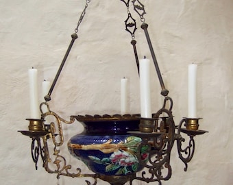 ANTIQUE FRENCH ORMOLU with ground crystal drops six branch church ,sanctuary candle chandelier circa 19th century