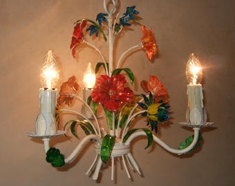 Delightful antique French  painted tole ware three branch chandelier with bouquet of flowers