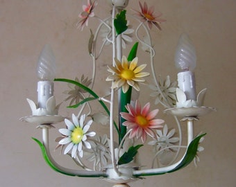 Antique Vintage French painted tole ware  chandelier with  daisy flowers and leaves 3 branch