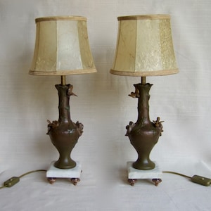 GRAND LARGE PAIR Antique French high quality, marble and gilt spelter table lamps, lights with birds and flowerscirca 19th century