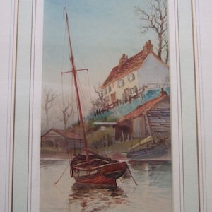 ANTIQUE VICTORIAN  WATERCOLOUR  moored boat circa 1880 signed