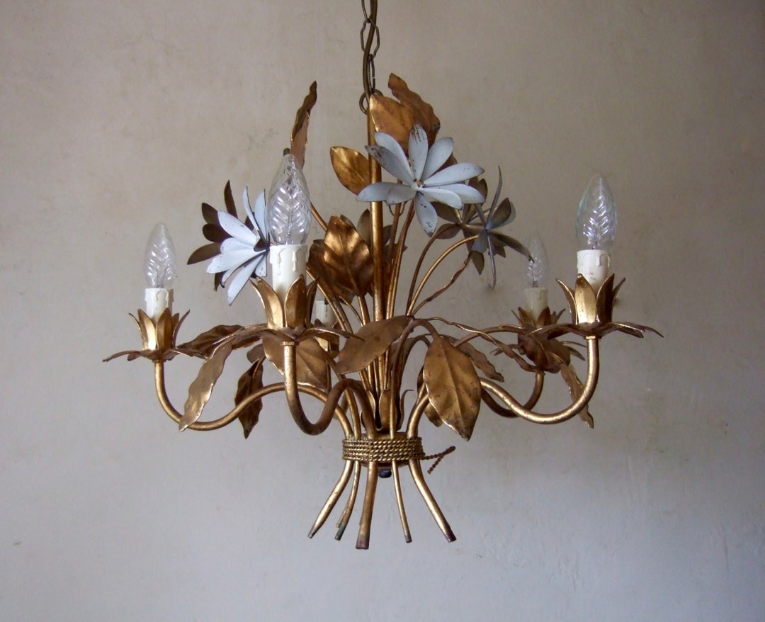 Delightful Large Antique Vintage French Gilt Tole Ware Five Branch