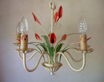 Antiker Vintage französischer Tole Ware Kronleuchter mit Arum Lilien und Blättern 5 Zweige