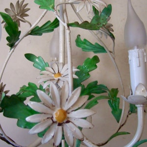 Antique Vintage French painted tole ware  chandelier with  large daisy flowers and leaves 3 branch