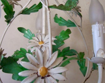 Antique Vintage French painted tole ware  chandelier with  large daisy flowers and leaves 3 branch