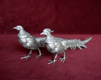 Antiek Frans paar zilveren over bronzen fazantentafel als middelpunt