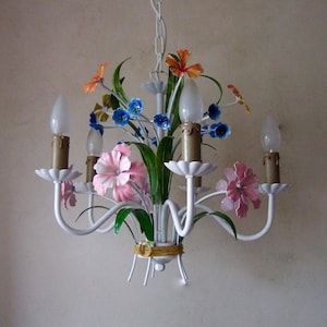 Large Stunning Antique Vintage French painted tole ware  chandelier with  spring flowers  and leaves 5  branch