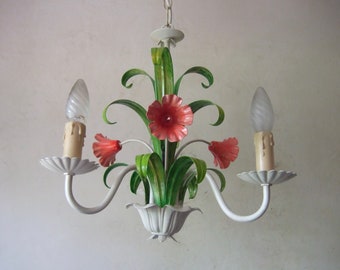 Antique Vintage French painted tole ware  chandelier with  flowers and leaves 3 branch