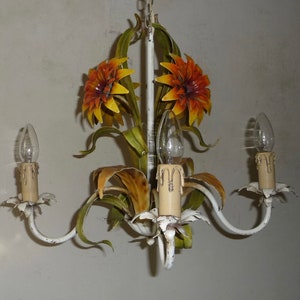 Delightful very rare large antique  French painted tole ware four branch chandelier with sunflowers
