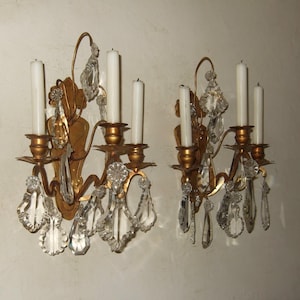 RARE PAIR Antique French ormolu bronze with ground crystal drops  3 branch wall candle sconces ,lights  circa 1800&#39;s