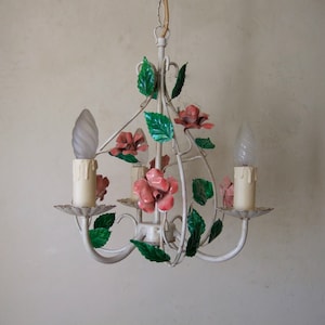 Delightful antique vintage French  painted tole ware three branch cage chandelier with roses