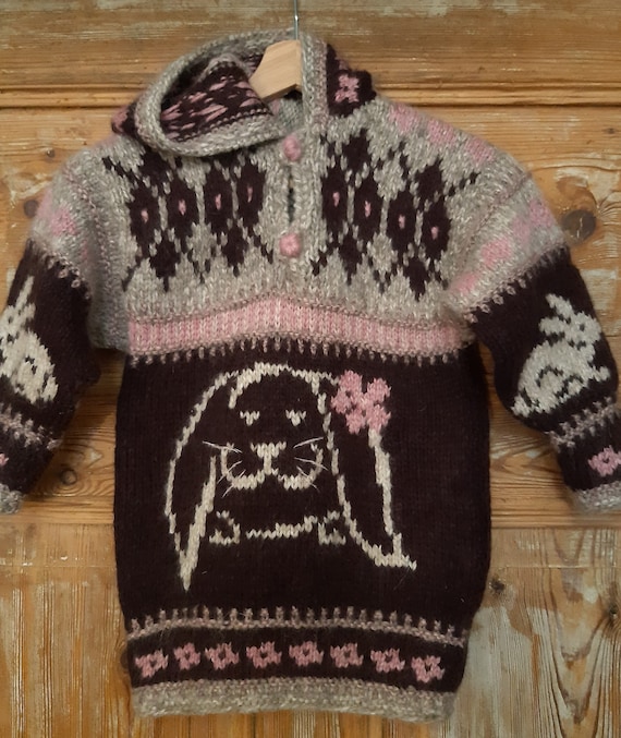 Hand knitted hoodie kids sweater,wool kids sweater with rabbit,Happy  Easter,lovely Easter gift for 5-6 years old kids,soft and casual
