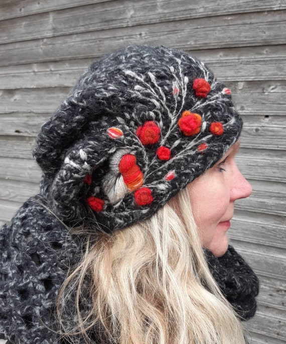 Hand knitted merino wool slouchy beanie hat with embroidery bird and  roses,romantic winter hat,winter accessories, casual Christmas gift.