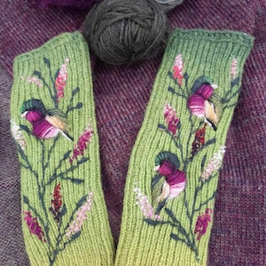 Knitted fingerless mittens wih embroidery bird and Scottish heather,soft and casual arm warmers,Christmas gift for her,winter accessories.