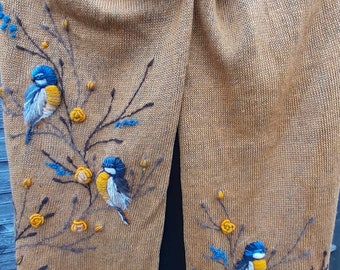 Embroidered linen scarf with birds,spring accessories,eco friendly linen scarf,lovely Mothers day gift,yellow and gray.