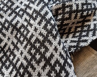 Bufanda infinita de lino de punto, chal para hombre, bufanda de bucle grueso, bufanda infinita con patrón tradicional nórdico fair-isle, bufanda de lino, gris negro.