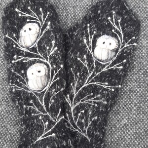 Hand knitted merino wool and mohair mix winter mittens,winter accessories,embroidery,owl,gray and white.Eco life.Valentines Day gift for him