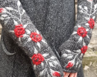 Hand knitted fingerless mittens with embroidery roses,winter accessories,casual and lovely Christmas gift,gift for her,fingerless gloves.