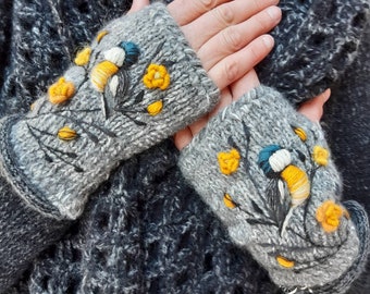 Hand knitted fingerless mittens with embroidery bird,spring accessories,casual and lovely Easter gift,gift for her,fingerless gloves