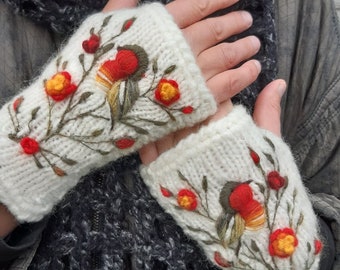 Hand knitted fingerless mittens with embroidery bird and roses,arm warmers,winter accessories,casual and lovely Christmas gift.