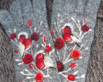 Knitted and felted winter gloves with embroidery birds and roses,winter accessories,casual and lovely Christmas gift for her,gray and red.