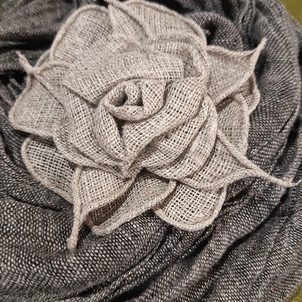 Linen gift set,black and natural gray mixed linen scarf and natural gray linen rose brooch,lovely Mothers day gift,linen accessories.