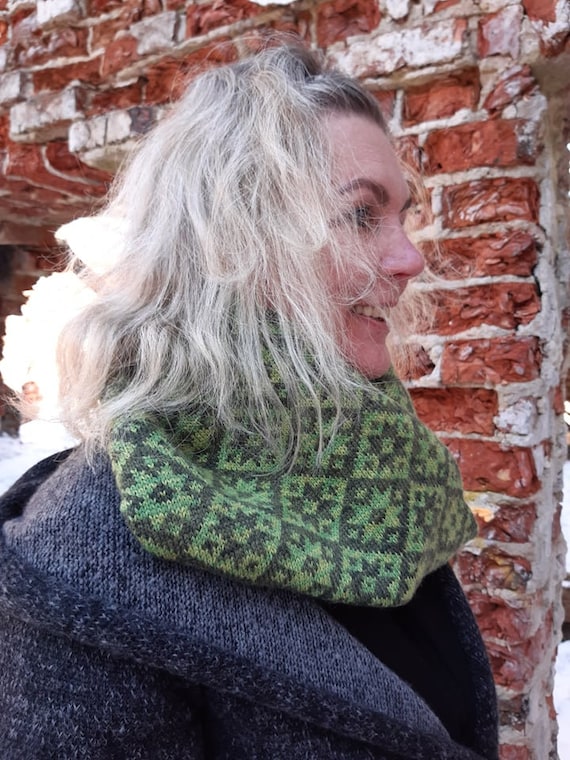 Knitted Merino Wool Infinity Scarf With Fair Isle Pattern,nordic