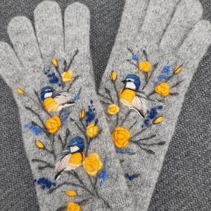 Knitted and felted winter gloves with embroidery bird and roses,embroidered winter gloves,lovely Easter gift for her,winter accessories.