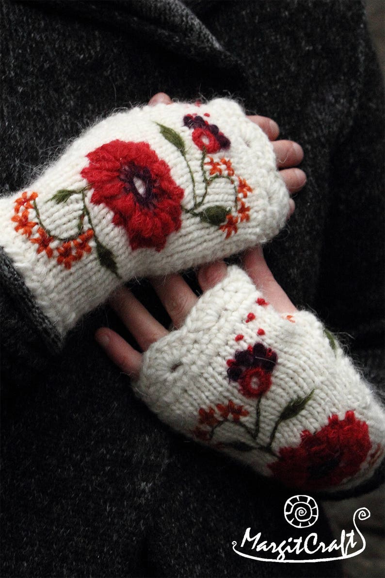 Hand Knitted Fingerless Gloves With Embroidery Roses,lovely Valentines