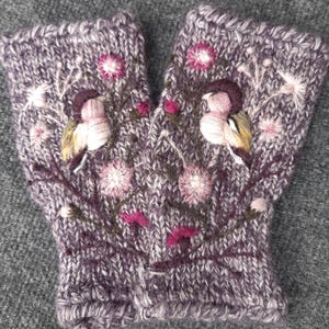 Hand knitted fingerless gloves with embroidery bird and Scottish thistle.knitted arm warmers,soft and casual Christmas gift.