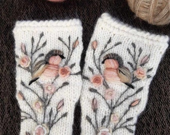 Hand knitted fingerless gloves with embroidery bird,wool fingerless mittens,soft arm warmers,casua lMothers day gift,spring accessories.