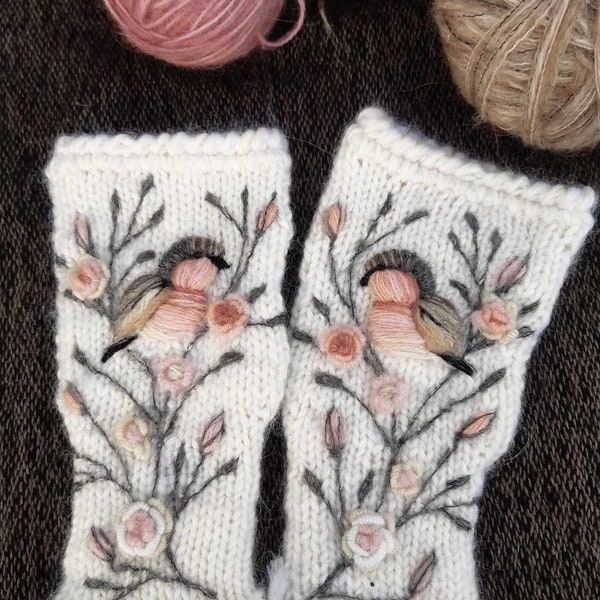 Hand knitted fingerless gloves with embroidery bird,wool fingerless mittens,soft arm warmers,casua lMothers day gift,spring accessories.