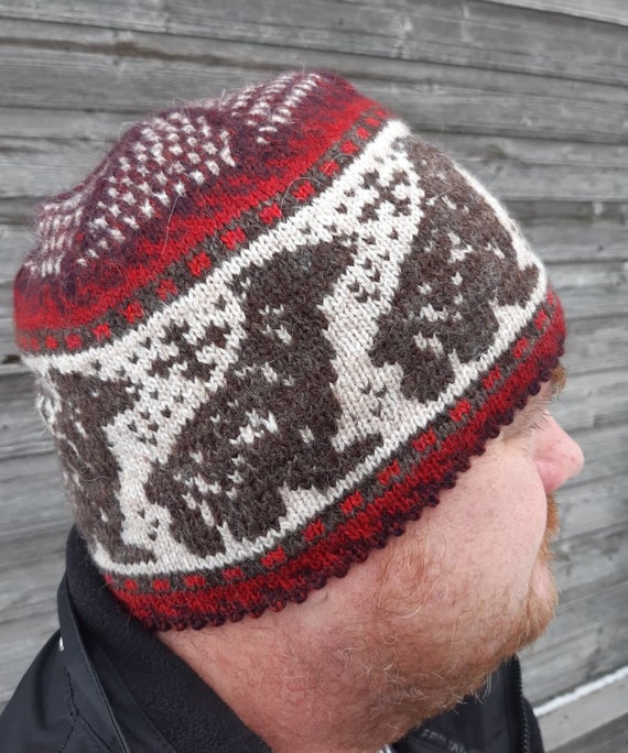 Knitted Nordic hat with bear,wool mens cap,soft and casual winter  accessories,lovely Valentines Day gift for him,Eco friendly hat
