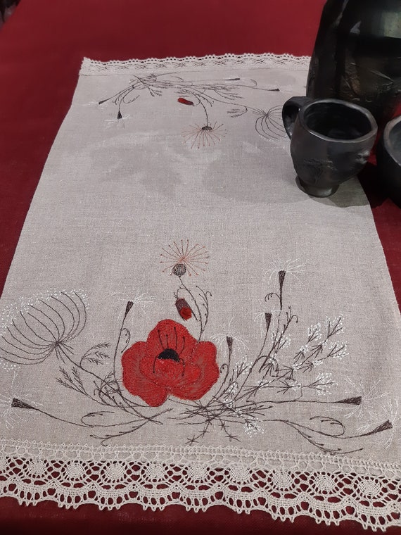 Embroidered Linen Towels With Poppy linen Tea Towels With