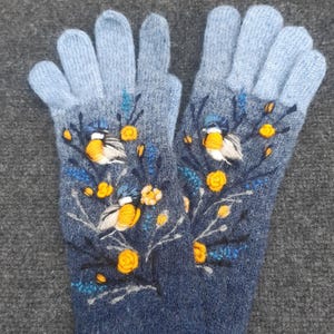 Knitted and felted winter gloves with embroidery bird and roses,soft and casual Easter gift,gift for her,knitted accessories with embroidery