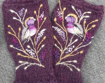Hand knitted merino wool arm warmers with embroidery bird and Scottish heather,winter  fingerless gloves,lovely Valentines Day gift for her.